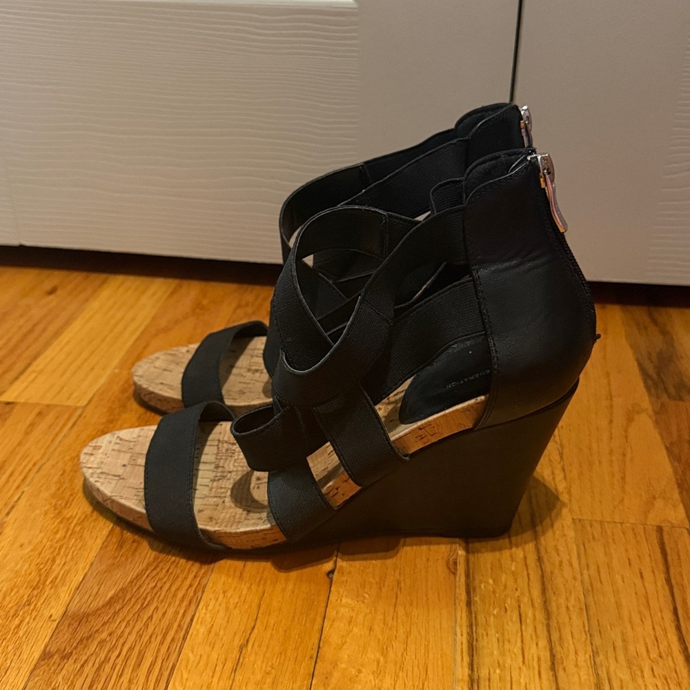 BCBGeneration Black Strappy Wedge Sandals